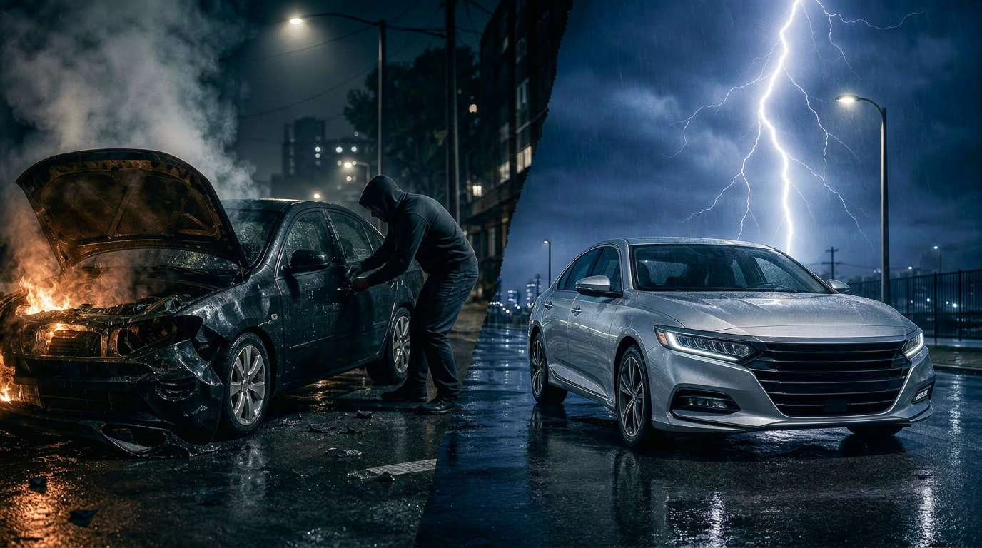 Carro protegido sob chuva à noite — coberturas Guardian Car